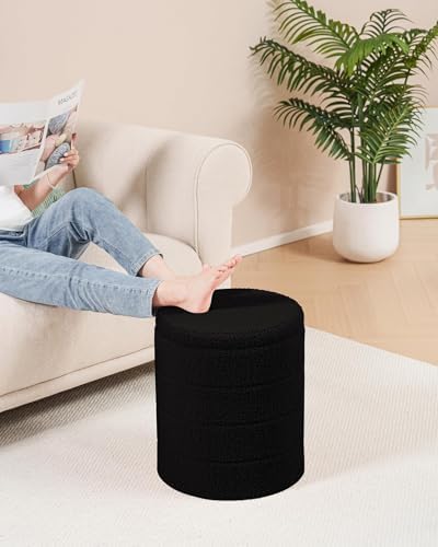 B FSOBEIIALEO Round Sherpa Storage Ottoman Stool - 22"x22"x15.75" (White) - Stylish Foot Rest with Eco-Friendly Certific