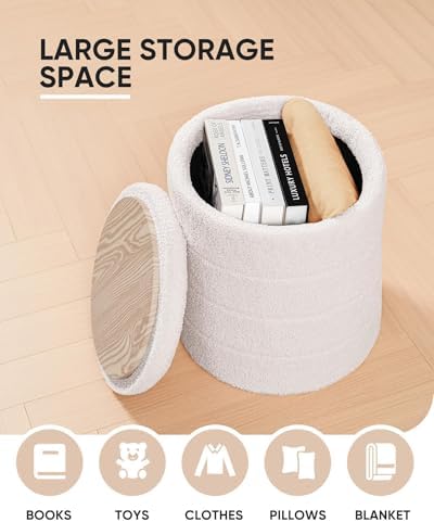 B FSOBEIIALEO Round Sherpa Storage Ottoman Stool - 22"x22"x15.75" (White) - Stylish Foot Rest with Eco-Friendly Certific