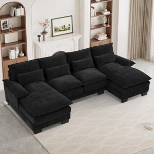U Shape Cloud Couch Sectional Sofa | 110" Modern Chenille | 4 Seat Upholstered with Memory Foam | Jet Black | Cozy Livin