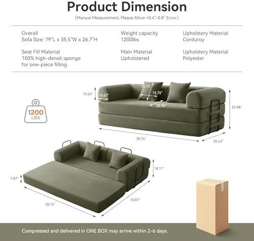 5-in-1 Convertible Sofa Bed, King Size Sleeper Couch with Bonus Pillows, Heavy Duty Frame for Movie Night & Guest Room,