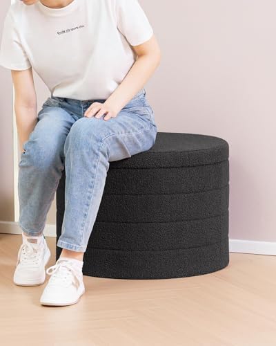 B FSOBEIIALEO Round Sherpa Storage Ottoman Stool - 22"x22"x15.75" (White) - Stylish Foot Rest with Eco-Friendly Certific
