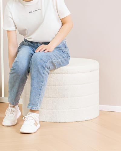 B FSOBEIIALEO Round Sherpa Storage Ottoman Stool - 22"x22"x15.75" (White) - Stylish Foot Rest with Eco-Friendly Certific