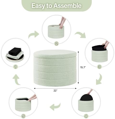 B FSOBEIIALEO Round Sherpa Storage Ottoman Stool - 22"x22"x15.75" (White) - Stylish Foot Rest with Eco-Friendly Certific