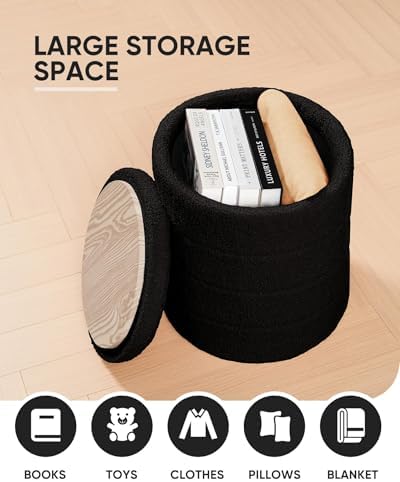 B FSOBEIIALEO Round Sherpa Storage Ottoman Stool - 22"x22"x15.75" (White) - Stylish Foot Rest with Eco-Friendly Certific