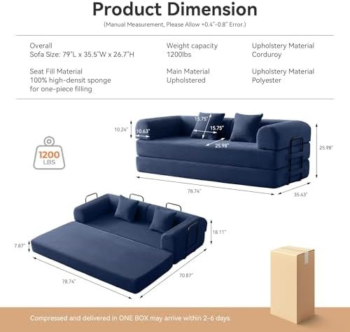 5-in-1 Convertible Sofa Bed, King Size Sleeper Couch with Bonus Pillows, Heavy Duty Frame for Movie Night & Guest Room,