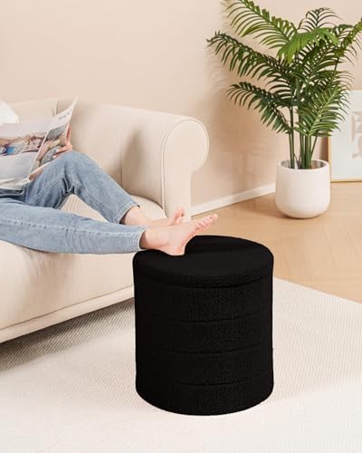 B FSOBEIIALEO Round Sherpa Storage Ottoman Stool - 22"x22"x15.75" (White) - Stylish Foot Rest with Eco-Friendly Certific