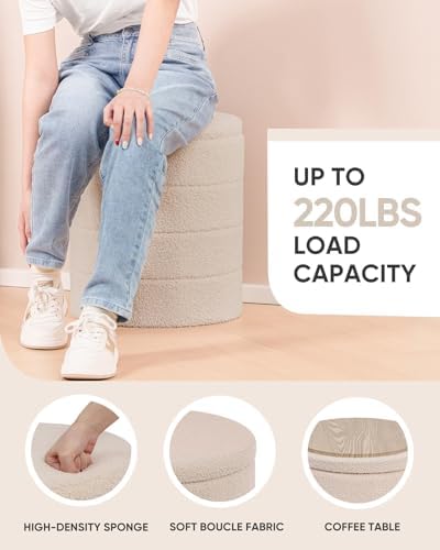 B FSOBEIIALEO Round Sherpa Storage Ottoman Stool - 22"x22"x15.75" (White) - Stylish Foot Rest with Eco-Friendly Certific