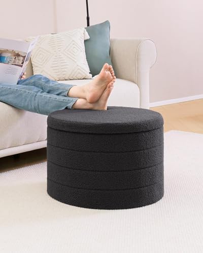 B FSOBEIIALEO Round Sherpa Storage Ottoman Stool - 22"x22"x15.75" (White) - Stylish Foot Rest with Eco-Friendly Certific