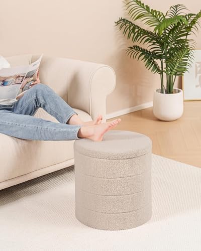B FSOBEIIALEO Round Sherpa Storage Ottoman Stool - 22"x22"x15.75" (White) - Stylish Foot Rest with Eco-Friendly Certific