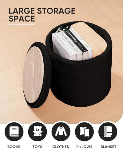 B FSOBEIIALEO Round Sherpa Storage Ottoman Stool - 22"x22"x15.75" (White) - Stylish Foot Rest with Eco-Friendly Certific