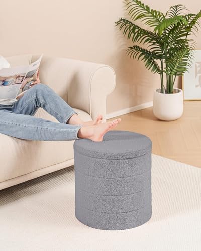 B FSOBEIIALEO Round Sherpa Storage Ottoman Stool - 22"x22"x15.75" (White) - Stylish Foot Rest with Eco-Friendly Certific