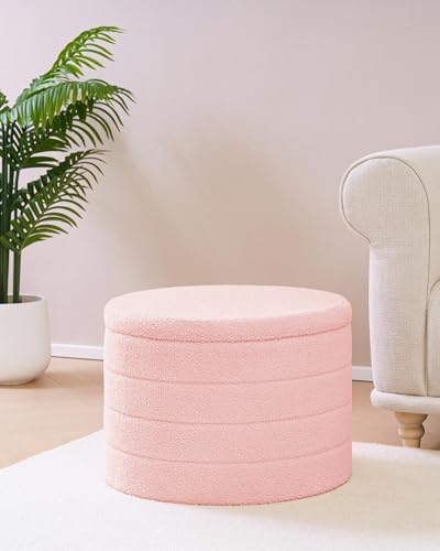 B FSOBEIIALEO Round Sherpa Storage Ottoman Stool - 22"x22"x15.75" (White) - Stylish Foot Rest with Eco-Friendly Certific