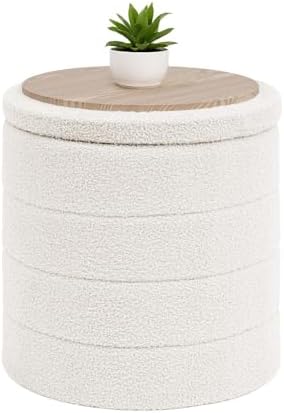 B FSOBEIIALEO Round Sherpa Storage Ottoman Stool - 22"x22"x15.75" (White) - Stylish Foot Rest with Eco-Friendly Certific
