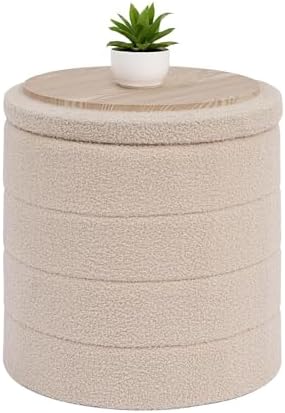 B FSOBEIIALEO Round Sherpa Storage Ottoman Stool - 22"x22"x15.75" (White) - Stylish Foot Rest with Eco-Friendly Certific