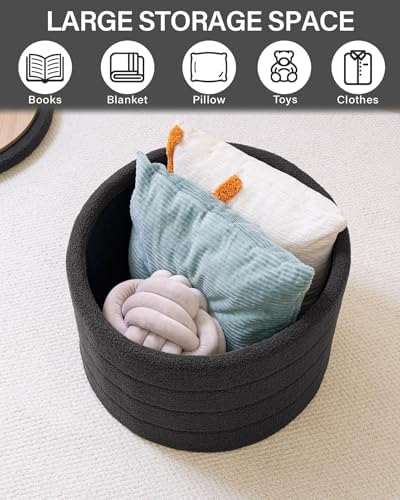 B FSOBEIIALEO Round Sherpa Storage Ottoman Stool - 22"x22"x15.75" (White) - Stylish Foot Rest with Eco-Friendly Certific