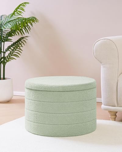 B FSOBEIIALEO Round Sherpa Storage Ottoman Stool - 22"x22"x15.75" (White) - Stylish Foot Rest with Eco-Friendly Certific