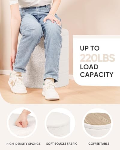 B FSOBEIIALEO Round Sherpa Storage Ottoman Stool - 22"x22"x15.75" (White) - Stylish Foot Rest with Eco-Friendly Certific