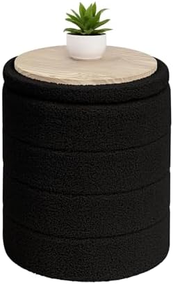 B FSOBEIIALEO Round Sherpa Storage Ottoman Stool - 22"x22"x15.75" (White) - Stylish Foot Rest with Eco-Friendly Certific