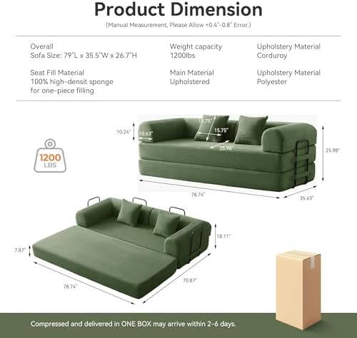 5-in-1 Convertible Sofa Bed, King Size Sleeper Couch with Bonus Pillows, Heavy Duty Frame for Movie Night & Guest Room,