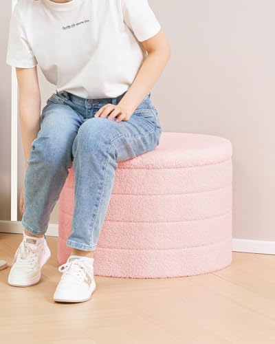 B FSOBEIIALEO Round Sherpa Storage Ottoman Stool - 22"x22"x15.75" (White) - Stylish Foot Rest with Eco-Friendly Certific