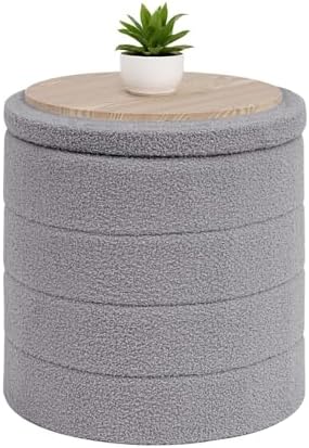 B FSOBEIIALEO Round Sherpa Storage Ottoman Stool - 22"x22"x15.75" (White) - Stylish Foot Rest with Eco-Friendly Certific
