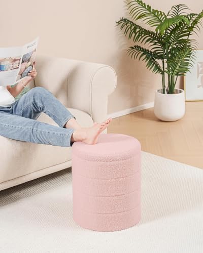 B FSOBEIIALEO Round Sherpa Storage Ottoman Stool - 22"x22"x15.75" (White) - Stylish Foot Rest with Eco-Friendly Certific
