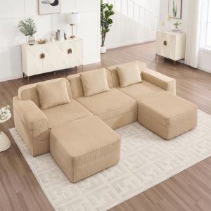 Camel U Sectional Couches for Living Room - 117.3" Corduroy Boneless Couch with Ottoman, Modular Design, Comfortable Mem