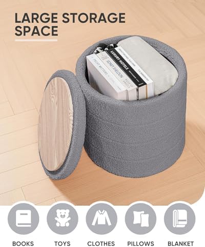 B FSOBEIIALEO Round Sherpa Storage Ottoman Stool - 22"x22"x15.75" (White) - Stylish Foot Rest with Eco-Friendly Certific