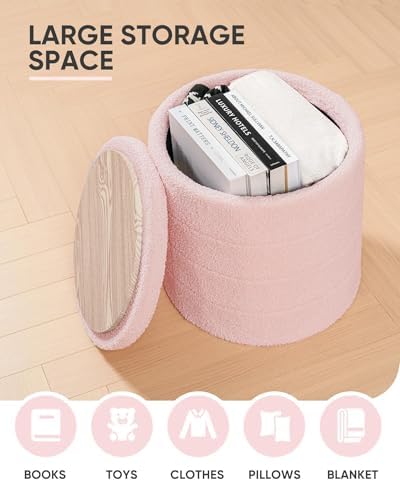 B FSOBEIIALEO Round Sherpa Storage Ottoman Stool - 22"x22"x15.75" (White) - Stylish Foot Rest with Eco-Friendly Certific