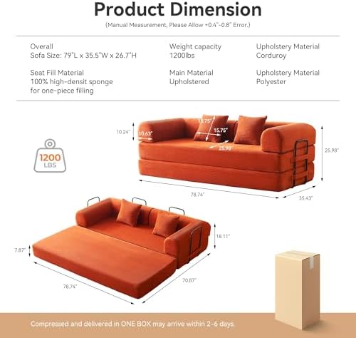 5-in-1 Convertible Sofa Bed, King Size Sleeper Couch with Bonus Pillows, Heavy Duty Frame for Movie Night & Guest Room,
