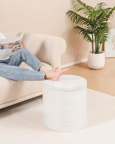 B FSOBEIIALEO Round Sherpa Storage Ottoman Stool - 22"x22"x15.75" (White) - Stylish Foot Rest with Eco-Friendly Certific