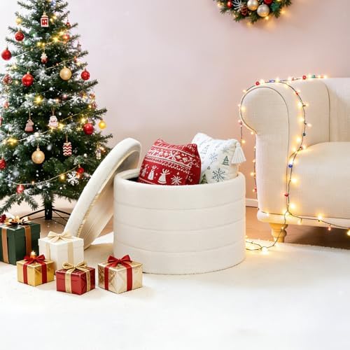 B FSOBEIIALEO Round Sherpa Storage Ottoman Stool - 22"x22"x15.75" (White) - Stylish Foot Rest with Eco-Friendly Certific