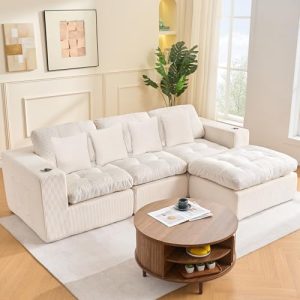 Modern Modular 105 Inch Cloud Sectional Couch - L Shaped Deep Seat Sofa for Living Room & Bedroom with Cup Holders - Com
