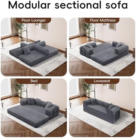 5-in-1 Convertible Sofa Bed, King Size Sleeper Couch with Bonus Pillows, Heavy Duty Frame for Movie Night & Guest Room,