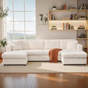 U-Shaped Modular Sectional Sofa | Cozy Beige L-Shaped Chaise with Pillows | Modern Living Room Furniture for Comfort & S