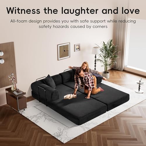 5-in-1 Convertible Sofa Bed, King Size Sleeper Couch with Bonus Pillows, Heavy Duty Frame for Movie Night & Guest Room,