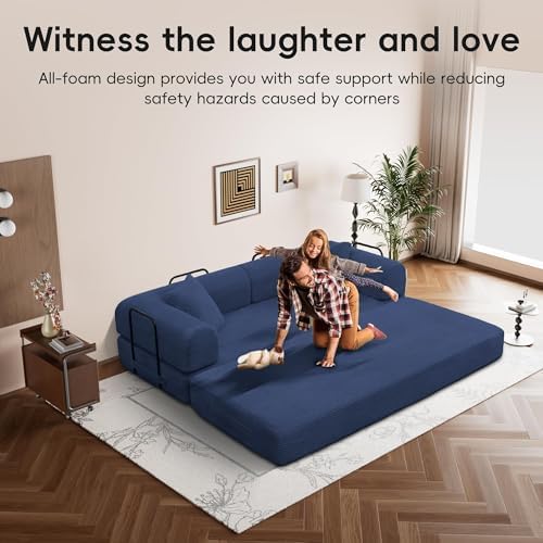 5-in-1 Convertible Sofa Bed, King Size Sleeper Couch with Bonus Pillows, Heavy Duty Frame for Movie Night & Guest Room,