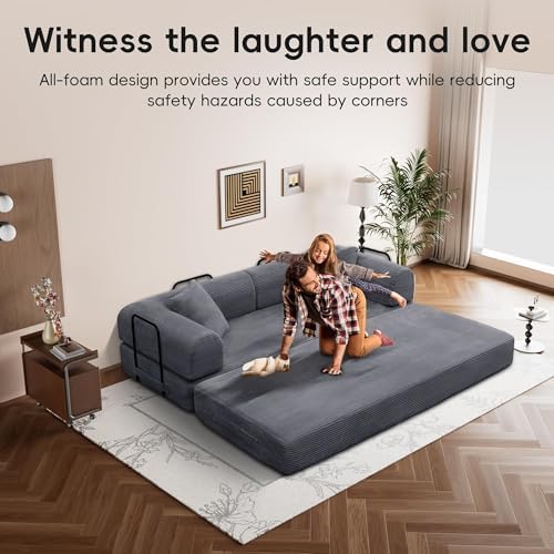 5-in-1 Convertible Sofa Bed, King Size Sleeper Couch with Bonus Pillows, Heavy Duty Frame for Movie Night & Guest Room,