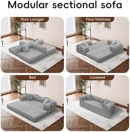 5-in-1 Convertible Sofa Bed, King Size Sleeper Couch with Bonus Pillows, Heavy Duty Frame for Movie Night & Guest Room,