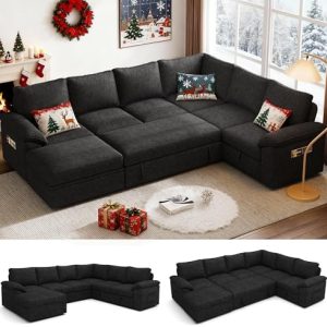 Modular Sectional Couch - 108-Inch U-Shaped Sleeper Sofa with Pull-Out Bed & Storage - Black Removable Cover, Perfect fo